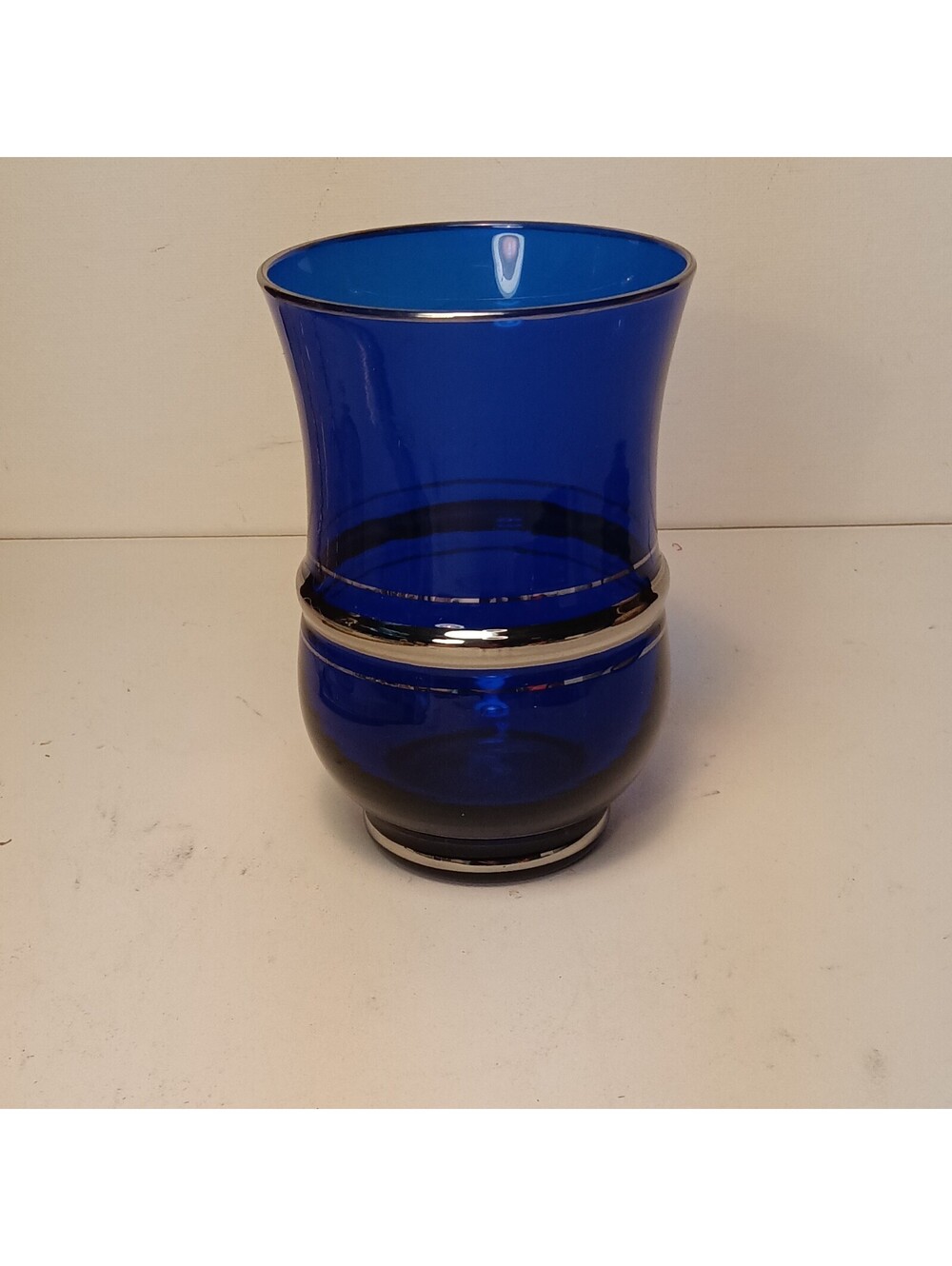 VTG Cobalt Blue Glass Bud Vase Platinum Silver Band Mid Century Modern MCM 5"